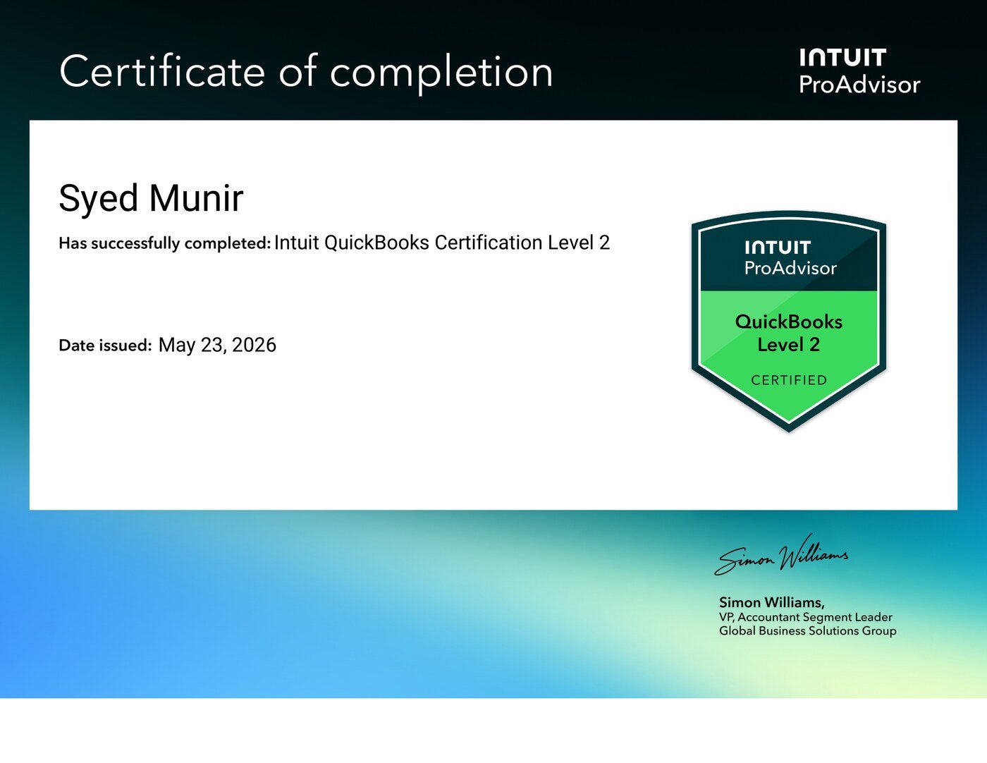 Intuit QuickBooks Online ProAdvisor Certificate of Completion — Level 2 — Syed Munir — issued May 23, 2026